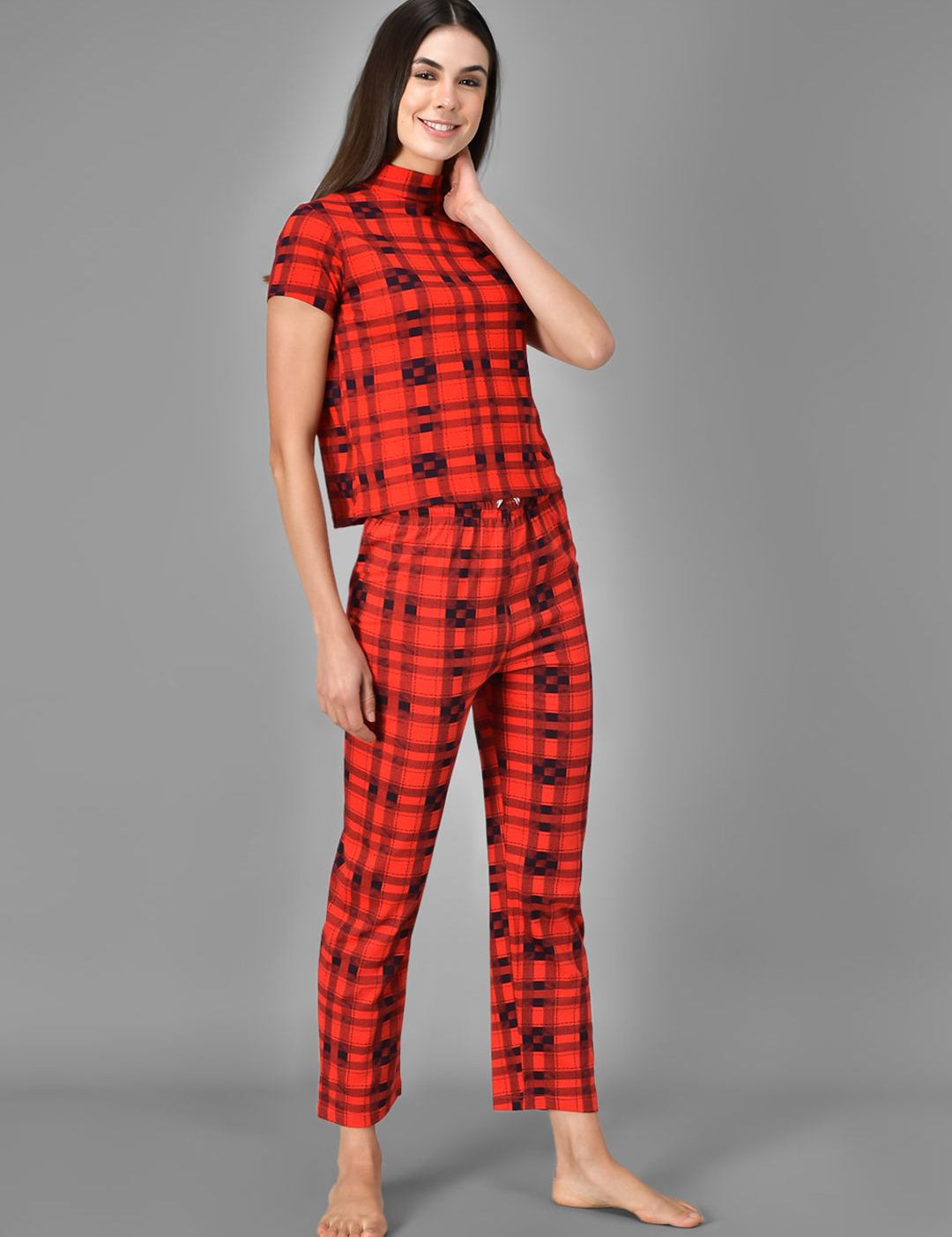 Kotty Women Red & Black Checked Night Suit