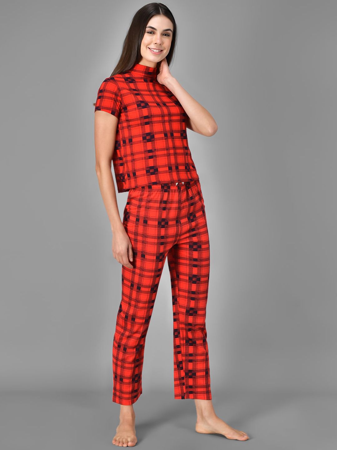 Kotty Women Red & Black Checked Night Suit