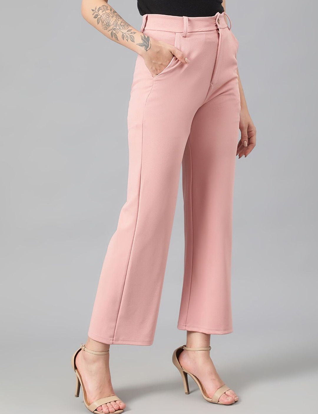 Kotty Women Pink Relaxed Straight Leg Fit High-Rise Easy Wash Parallel Trousers