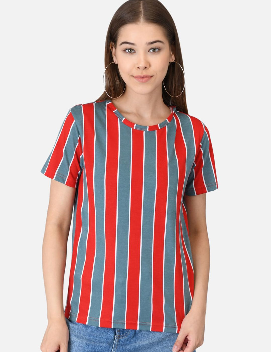 Kotty Women Red & Blue Striped Round Neck T-shirt