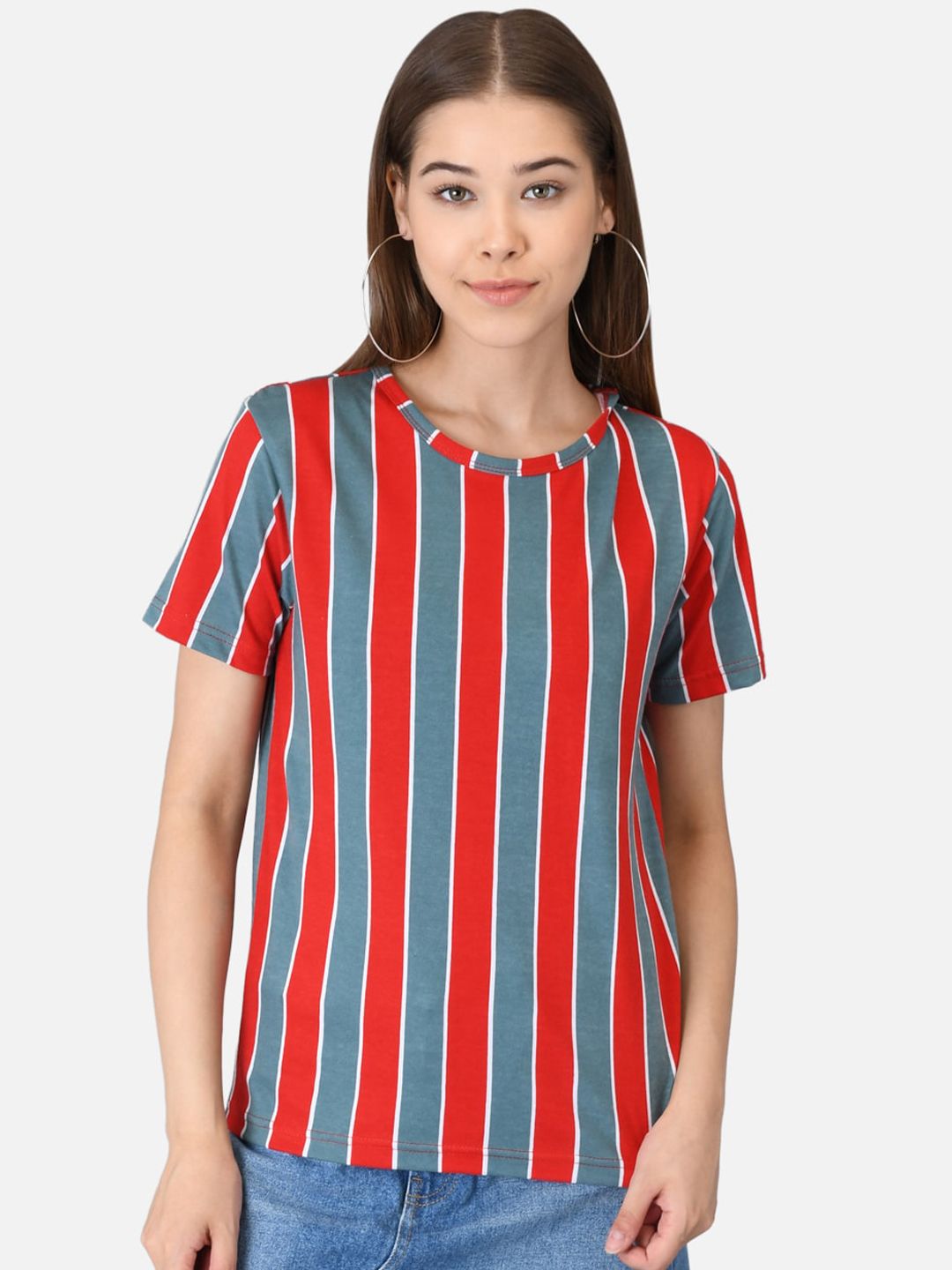 Kotty Women Red & Blue Striped Round Neck T-shirt