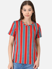 Kotty Women Red & Blue Striped Round Neck T-shirt