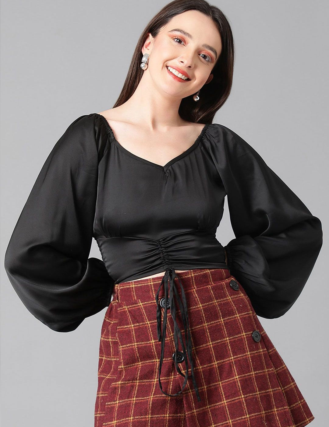 Kotty V-Neck Flared Sleeve Satin Top