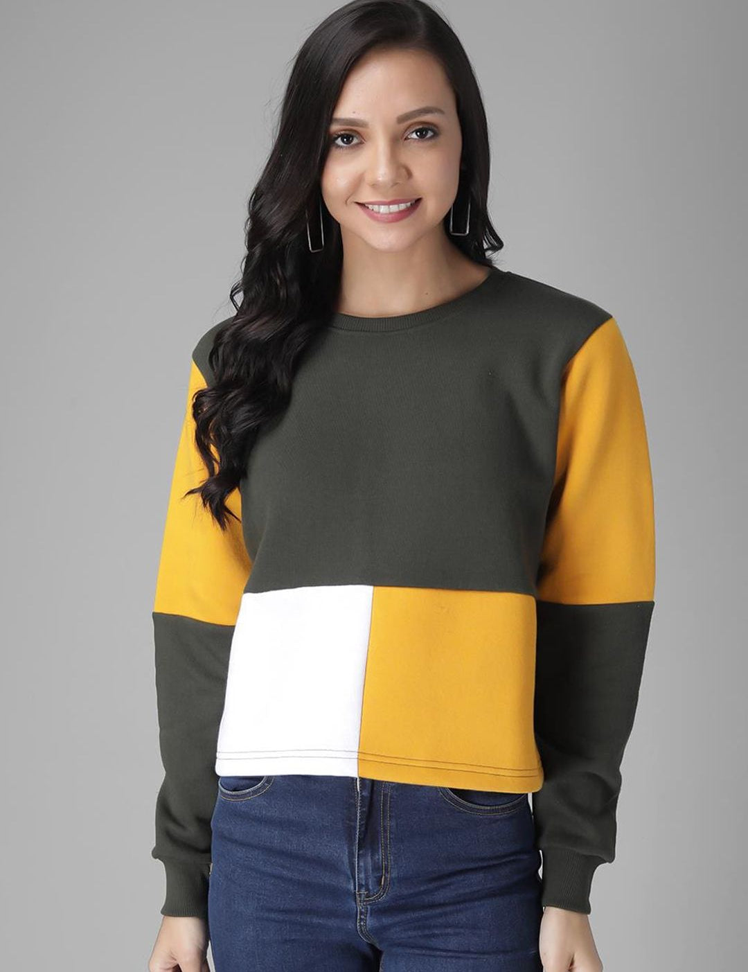 Kotty Women Olive Green & Yellow Colourblocked Sweatshirt