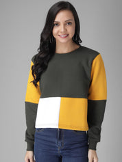 Kotty Women Olive Green & Yellow Colourblocked Sweatshirt