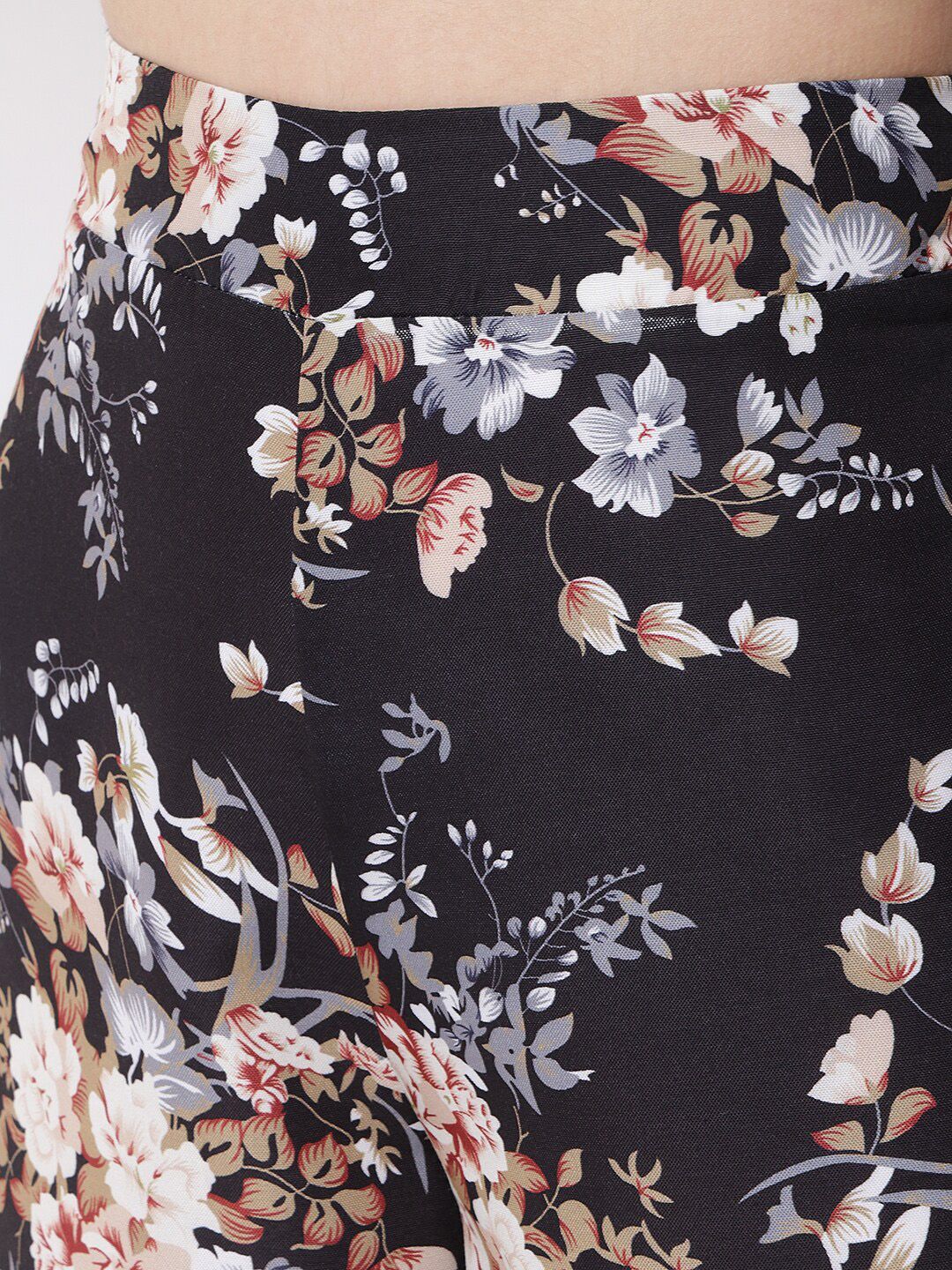 Kotty Women Black Floral Printed Relaxed Flared High-Rise Easy Wash Trousers