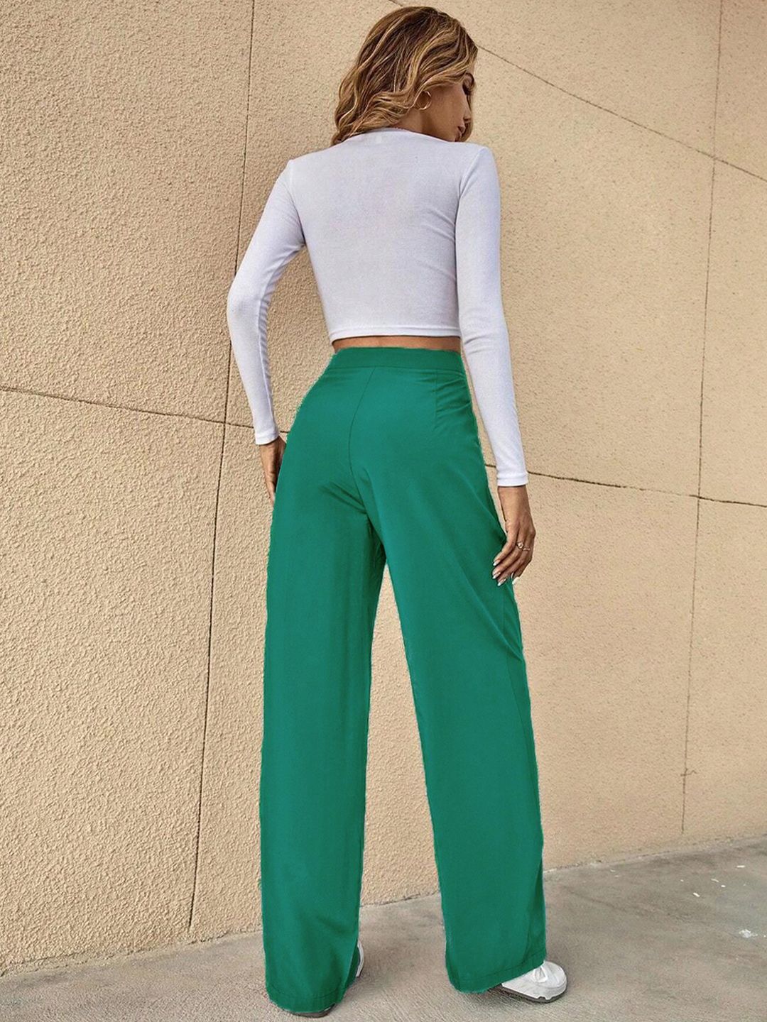 KOTTY BIZwear Green Women Relaxed Straight Leg High-Rise Easy Wash Pleated Parallel Trousers