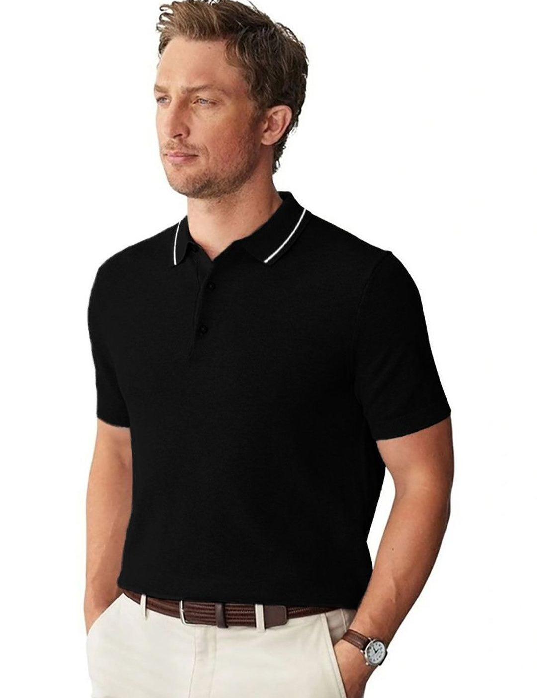 Kotty Black Polo Collar Short Sleeves Cotton Casual T-shirt