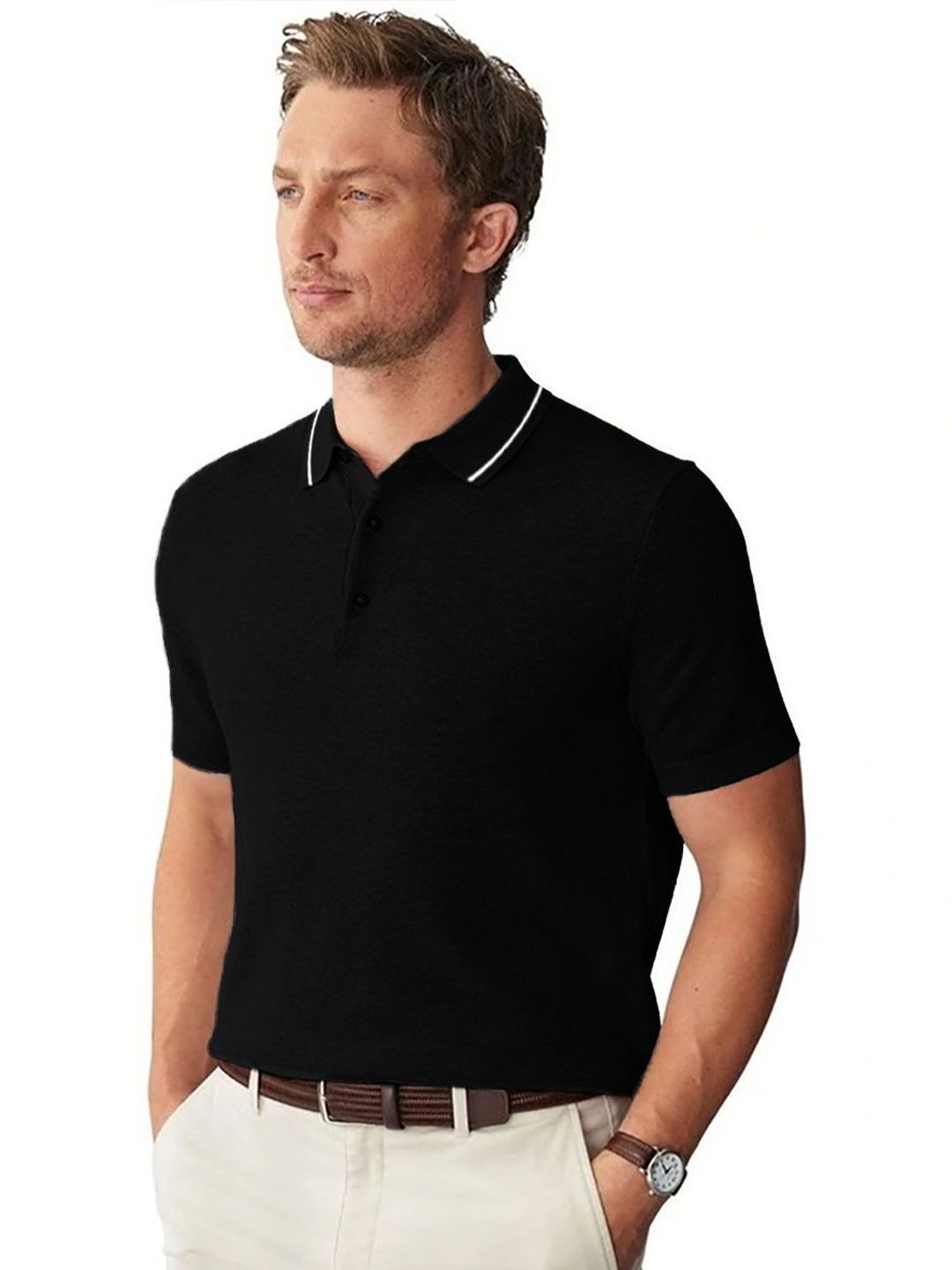 Kotty Black Polo Collar Short Sleeves Cotton Casual T-shirt