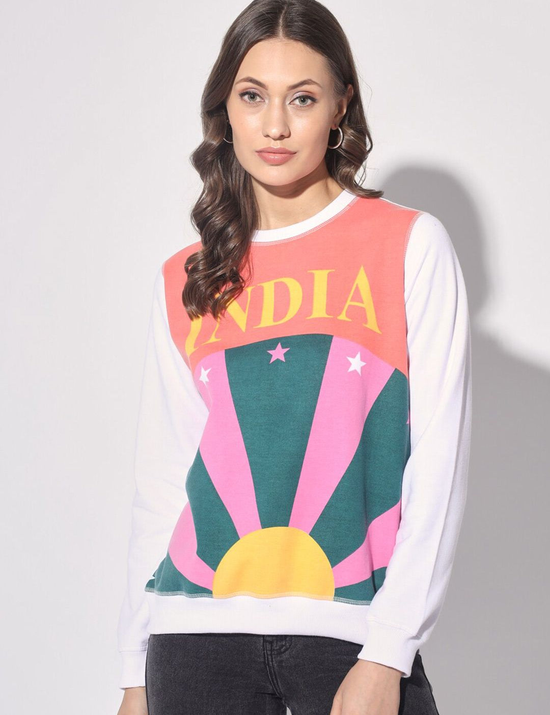 Kotty White & Orange Colourblocked Fleece Pullover Sweatshirt