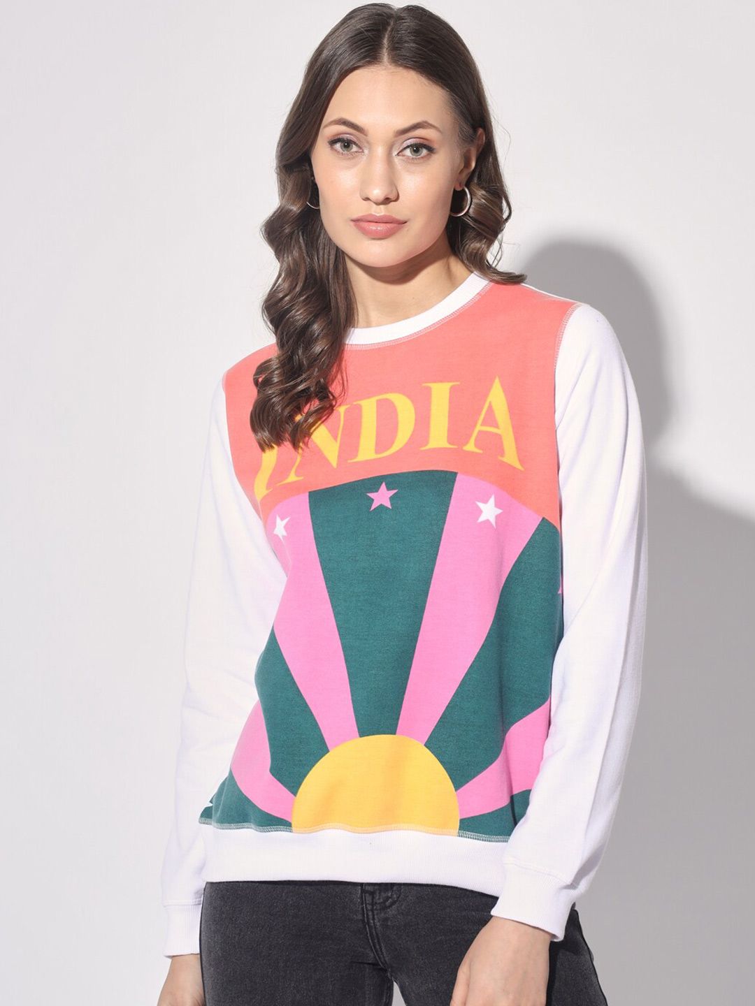 Kotty White & Orange Colourblocked Fleece Pullover Sweatshirt