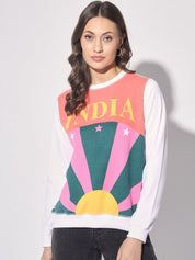 Kotty White & Orange Colourblocked Fleece Pullover Sweatshirt