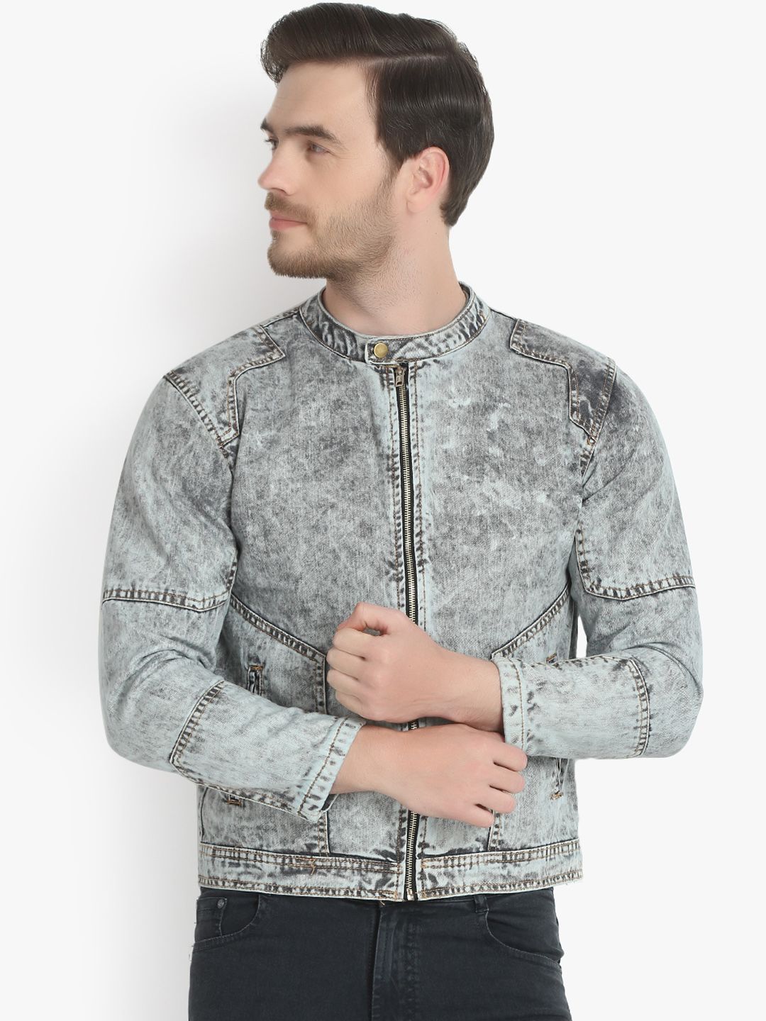 Kotty Men Charcoal Grey Solid Denim Jacket