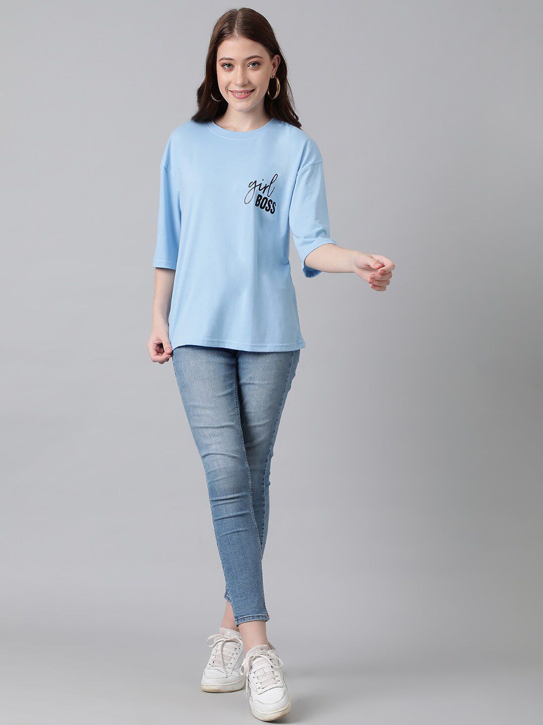 KOTTY Basics Typography Printed Round Neck Drop-Shoulder Sleeves Oversized T-shirt