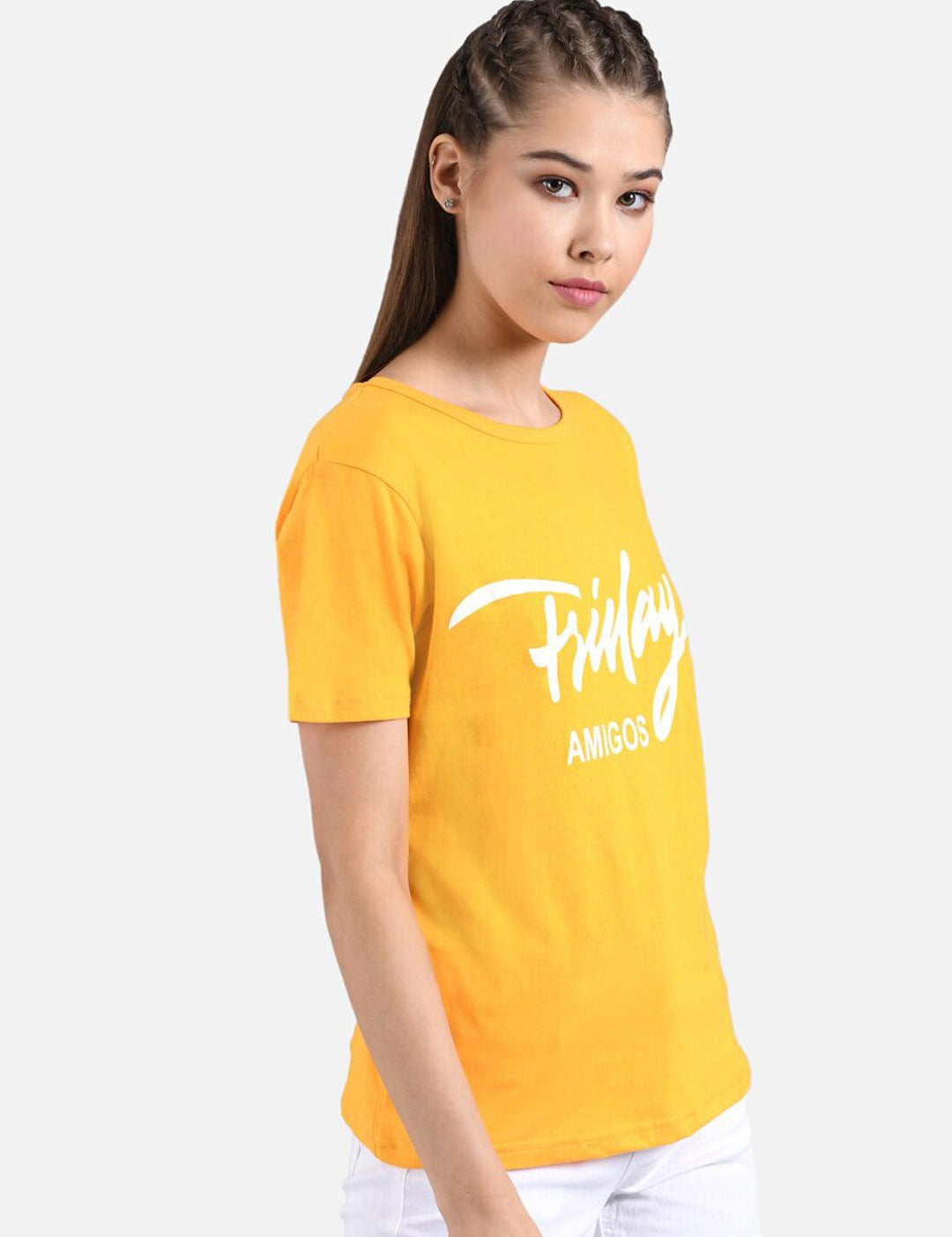Kotty Women Mustard Yellow & White Printed Round Neck T-shirt