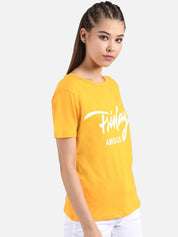 Kotty Women Mustard Yellow & White Printed Round Neck T-shirt