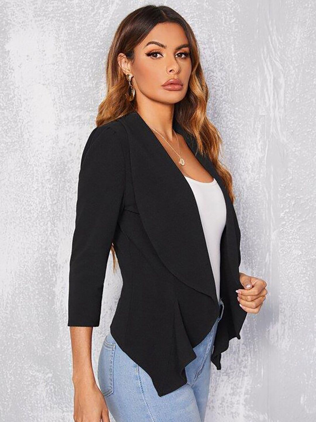 Kotty Shawl Collar Puff Sleeves Open Front Jacket