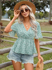 Kotty Green & White Floral Printec Crepe Cinched Waist Top