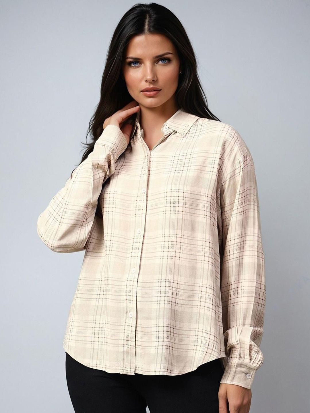 Kotty Women Spread Collar Checked Cotton Casual Shirt