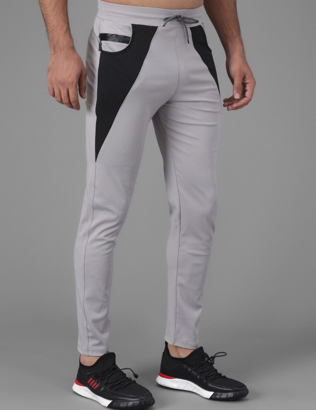 Kotty Men Grey & Black Colourblocked Straight Fit Track Pants