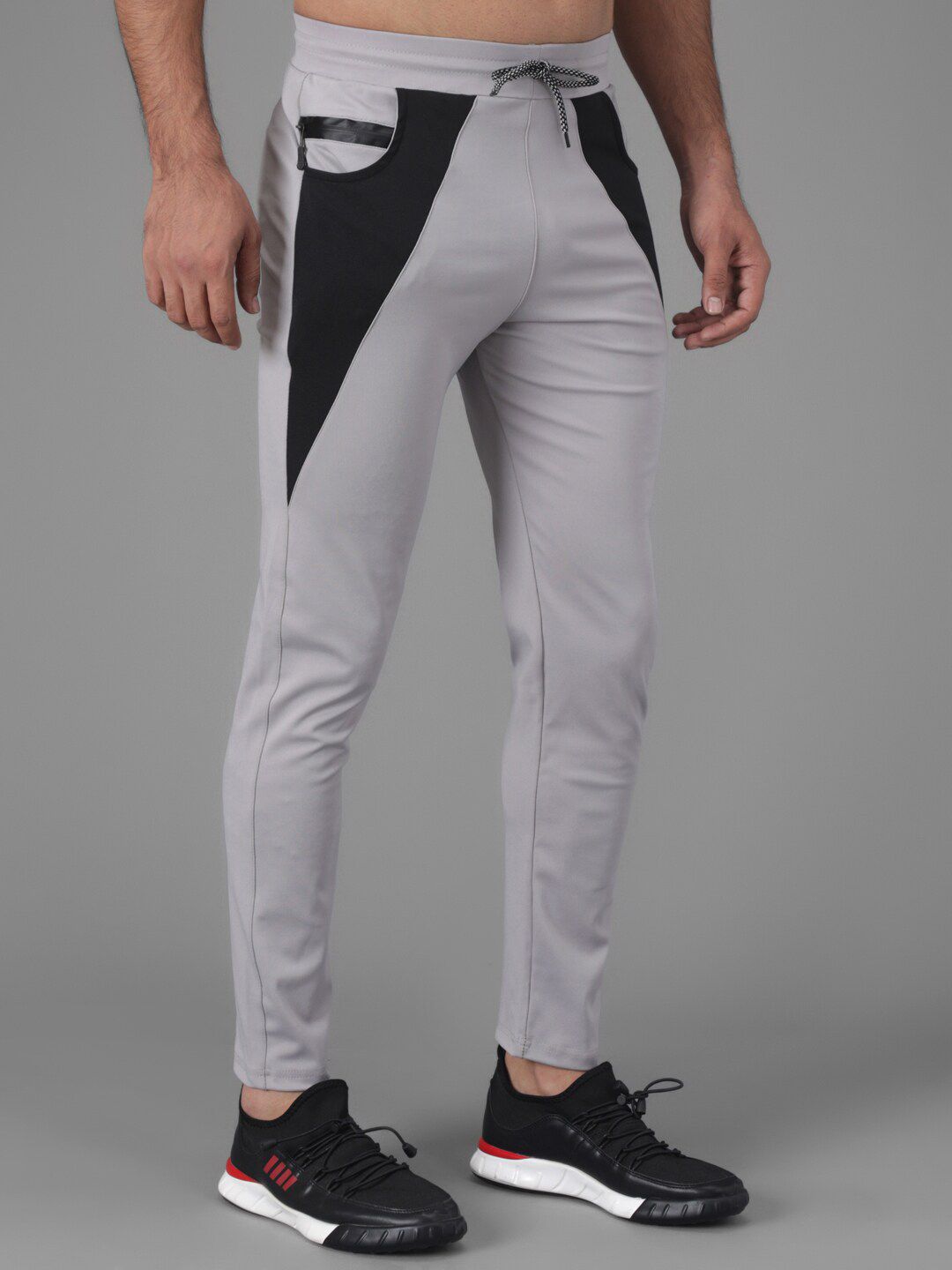 Kotty Men Grey & Black Colourblocked Straight Fit Track Pants