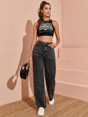 Kotty Women Black Jean Straight Fit High-Rise Heavy Fade Stretchable Jeans