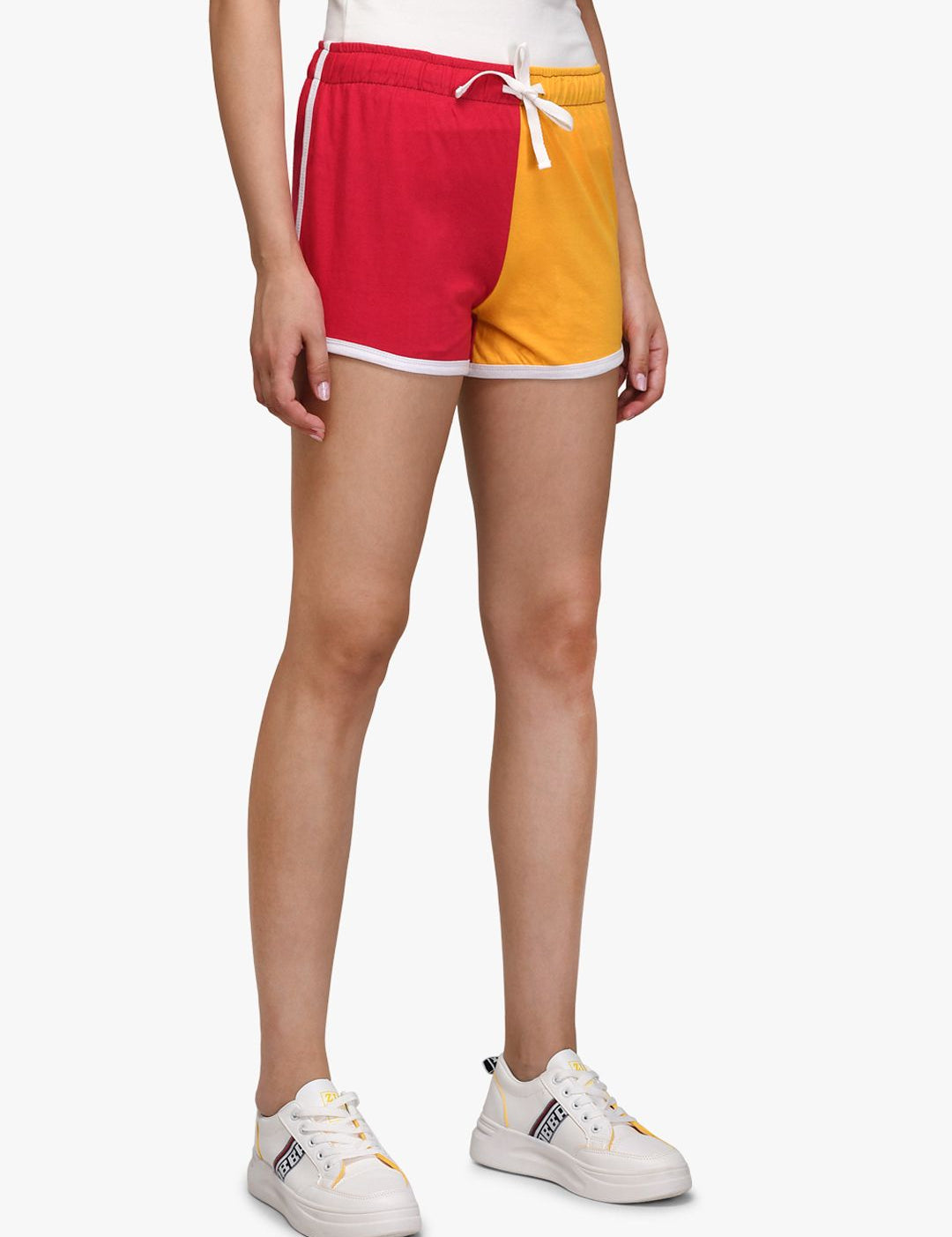Kotty Women Red & Yellow Colourblocked Regular Fit Hot Pants