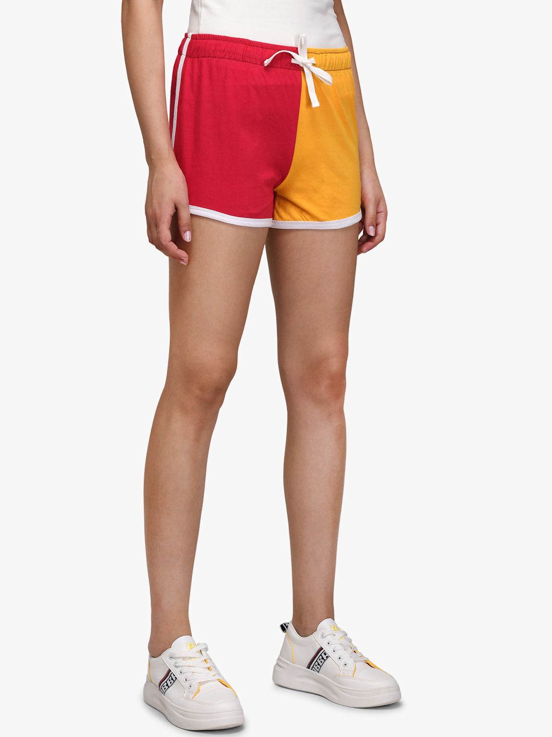 Kotty Women Red & Yellow Colourblocked Regular Fit Hot Pants