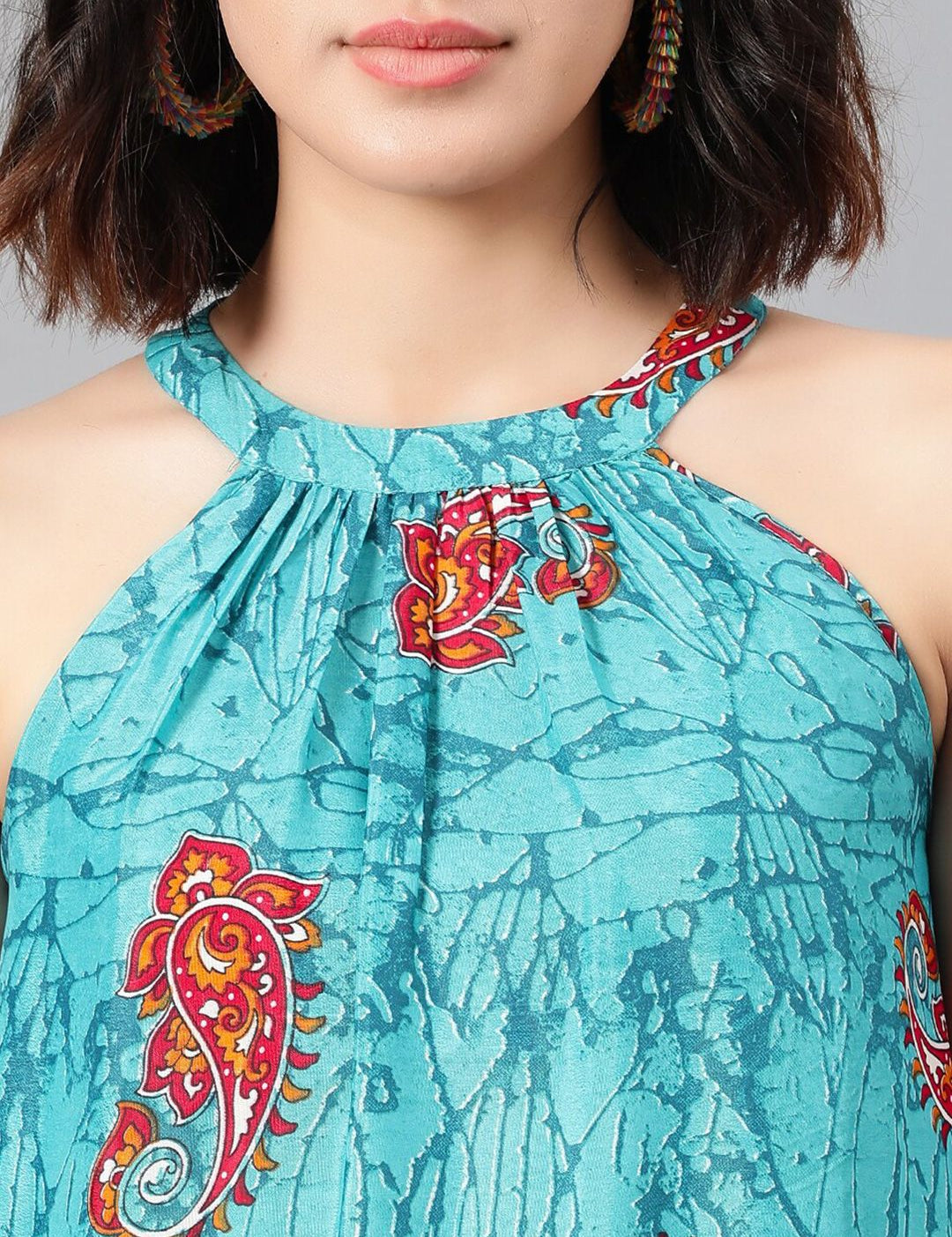 Kotty Turquoise Blue Ethnic Motif Printed Tiered Fit & Flare Midi Dress With Belt