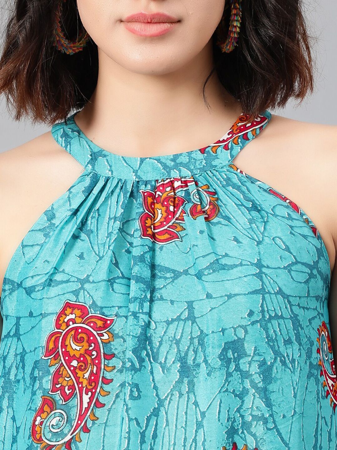 Kotty Turquoise Blue Ethnic Motif Printed Tiered Fit & Flare Midi Dress With Belt