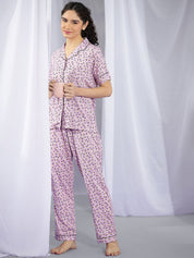 Kotty Purple & White Floral Printed Night Suit