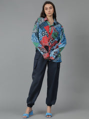 Kotty Women Spread Collar Abstract Printed Cotton Oversized Casual Shirt