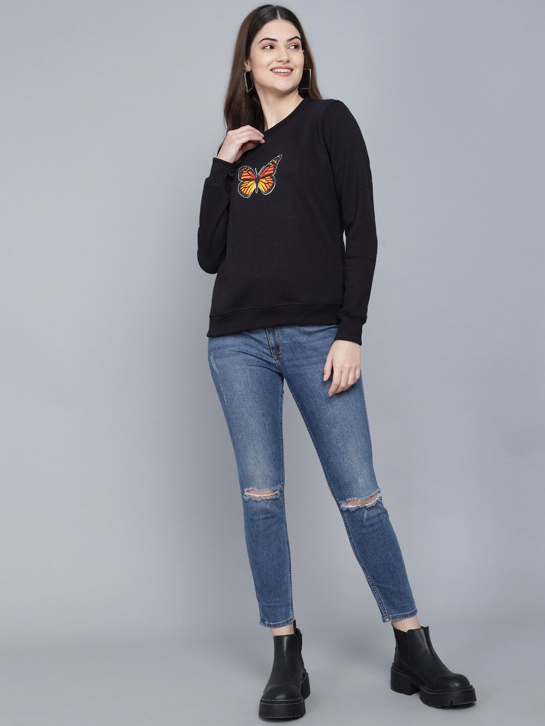 Kotty Women Black Printed Round Neck Sweatshirt
