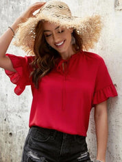 Kotty Red Tie-Up Neck Extended Ruffled Sleeve Regular Top