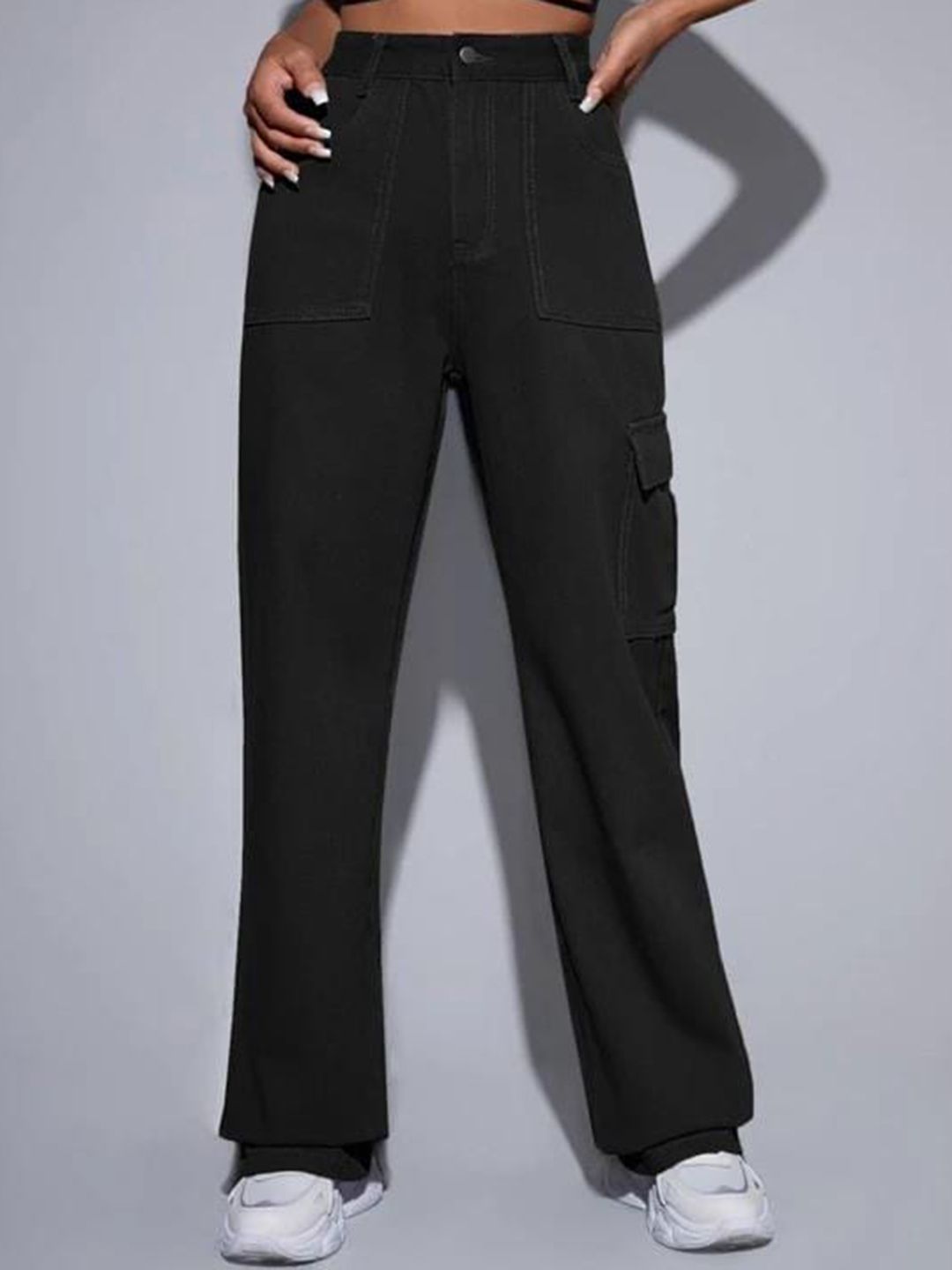 Kotty Women Black Jean Straight Fit Stretchable Cargo Jeans