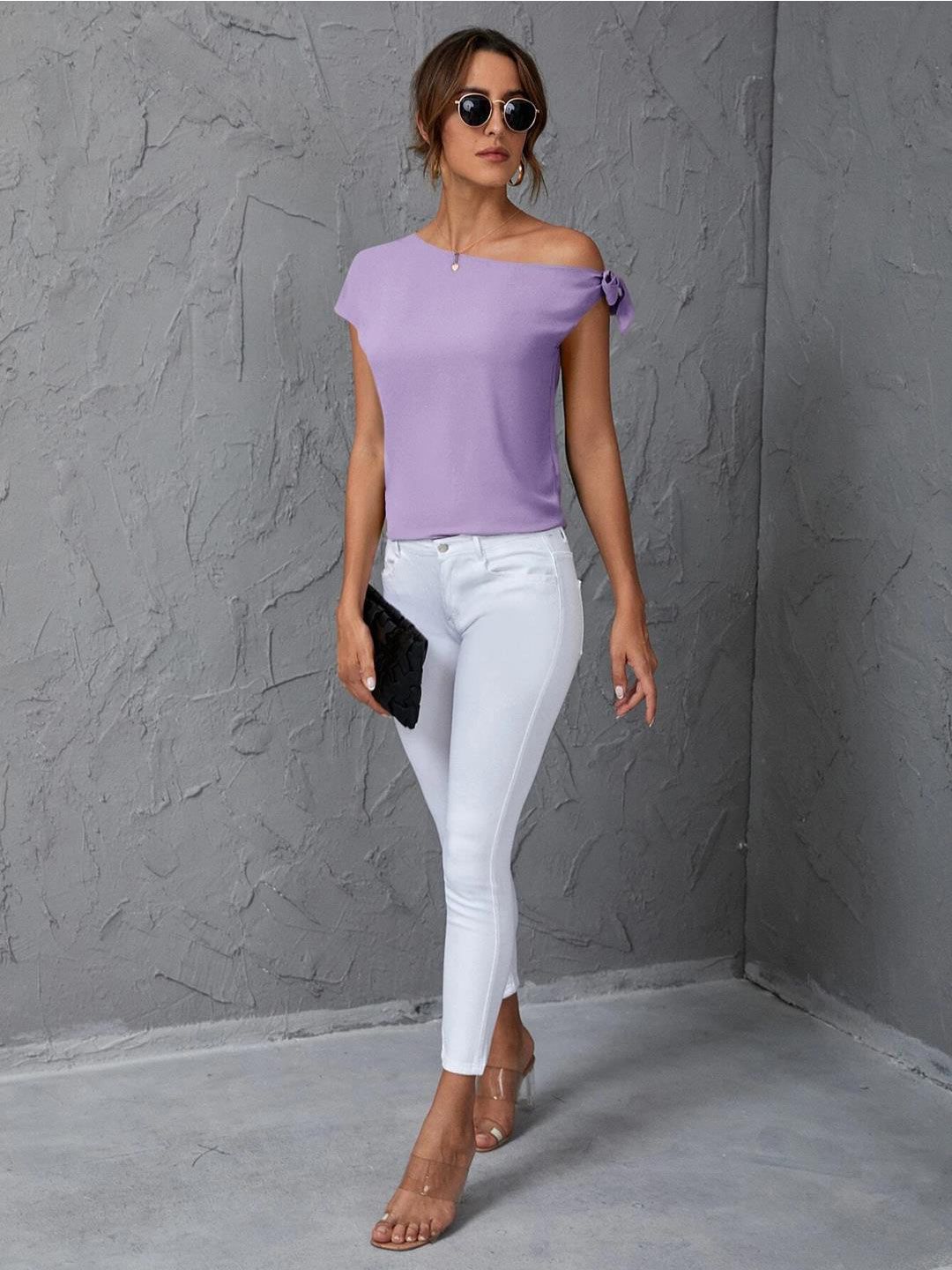 Kotty Purple One Shoulder Tie Up Extended Sleeves Regular Top
