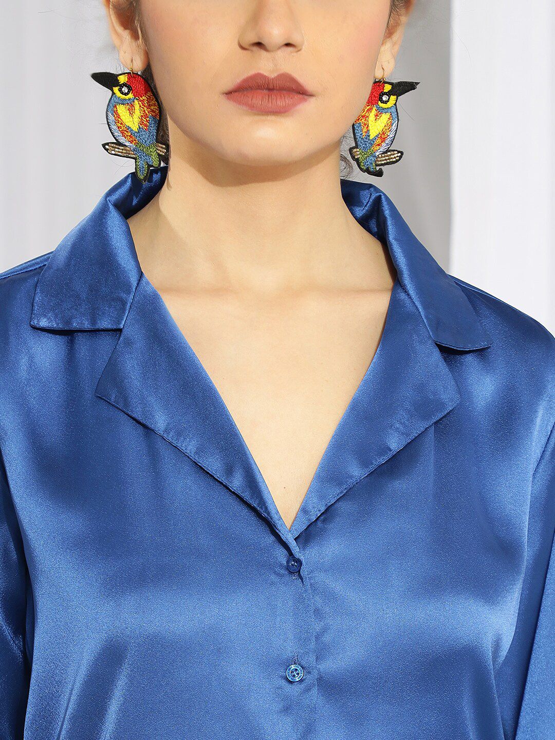 Kotty Blue Cuffed Sleeves Satin Shirt Style Top