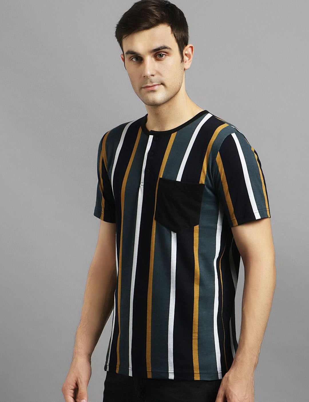 Kotty Men Grey & Black Striped Round Neck T-shirt