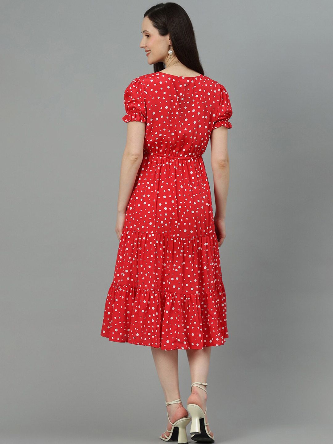 Kotty Red & White Polka Dot Printed Puff Sleeve Crepe Tiered Fit & Flare Midi Dress