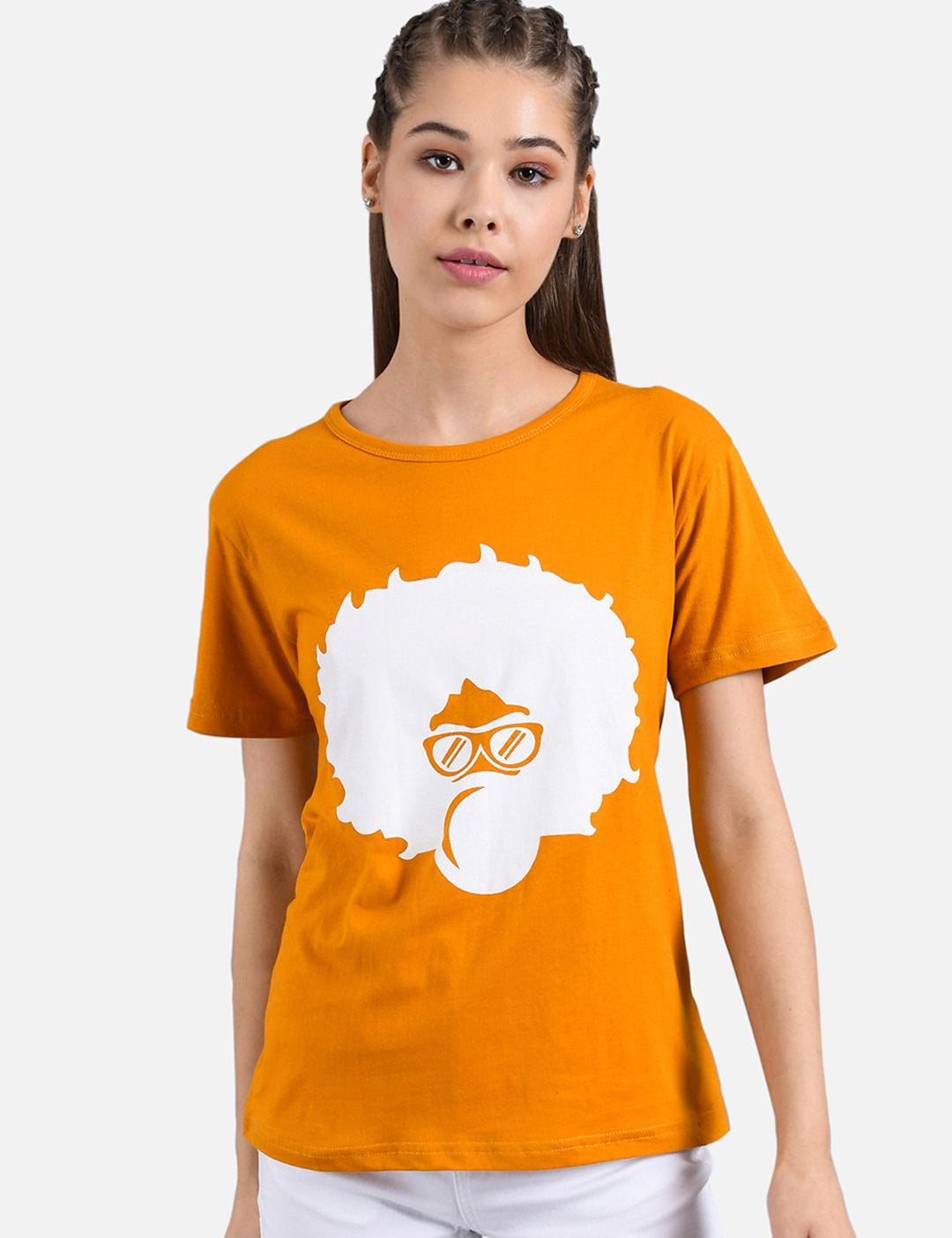 Kotty Women Yellow & White Printed Round Neck T-shirt