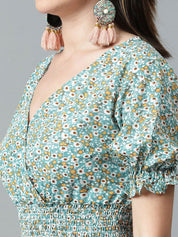 Kotty Blue & White Floral Printed Puff Sleeve Crepe Smocked Tiered Fit & Flare Midi Dress