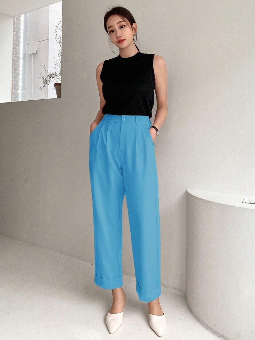 KOTTY BIZwear Women Relaxed Straight Leg Straight Fit High-Rise Cotton Pleated Trousers