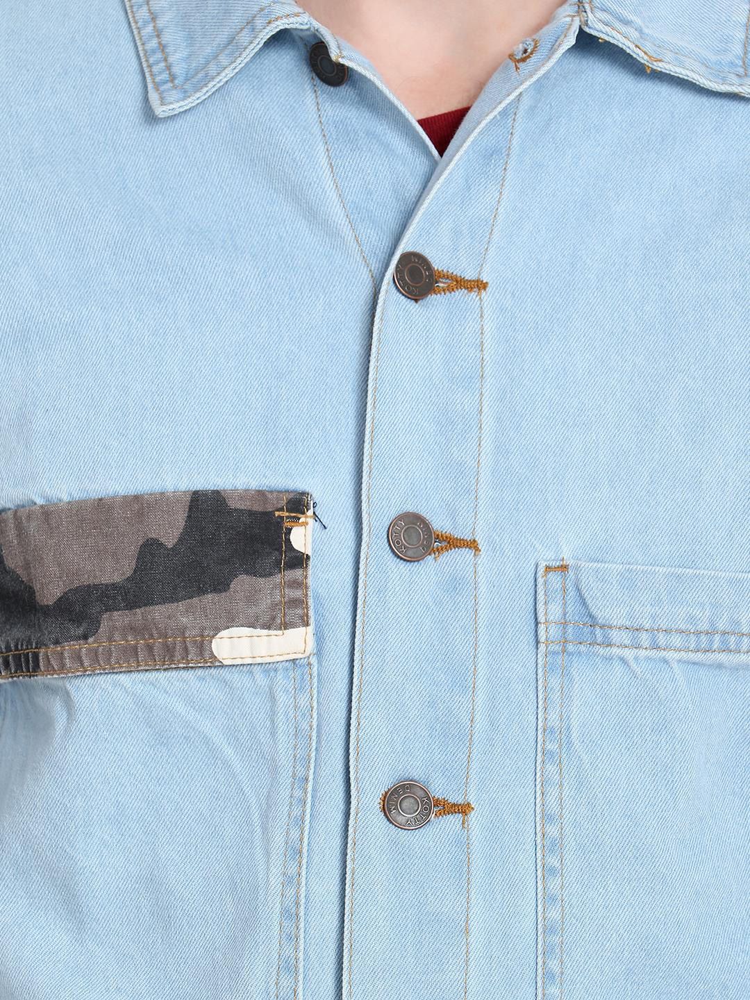 Kotty Men Blue & Grey Camouflage Printed Denim Jacket