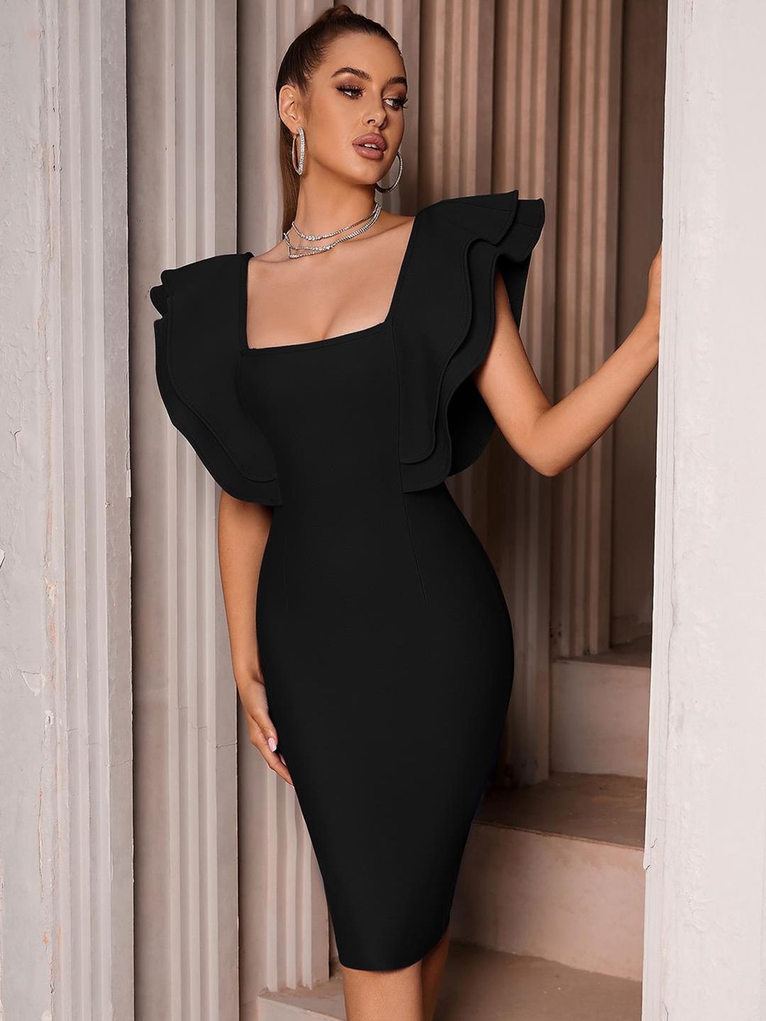 Kotty Black Square Neck Flutter Sleeves Bodycon Dress