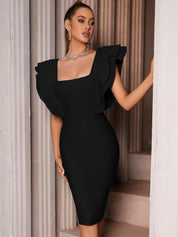 Kotty Black Square Neck Flutter Sleeves Bodycon Dress