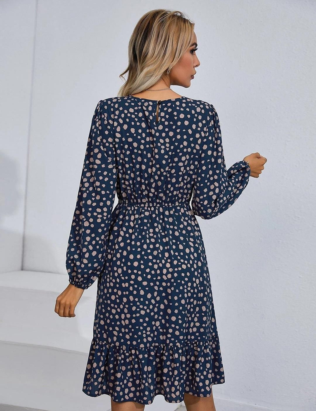 Kotty Polka Dots Printed Puff Sleeve Gathered or Pleated Crepe Fit & Flare Dress