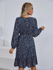 Kotty Polka Dots Printed Puff Sleeve Gathered or Pleated Crepe Fit & Flare Dress