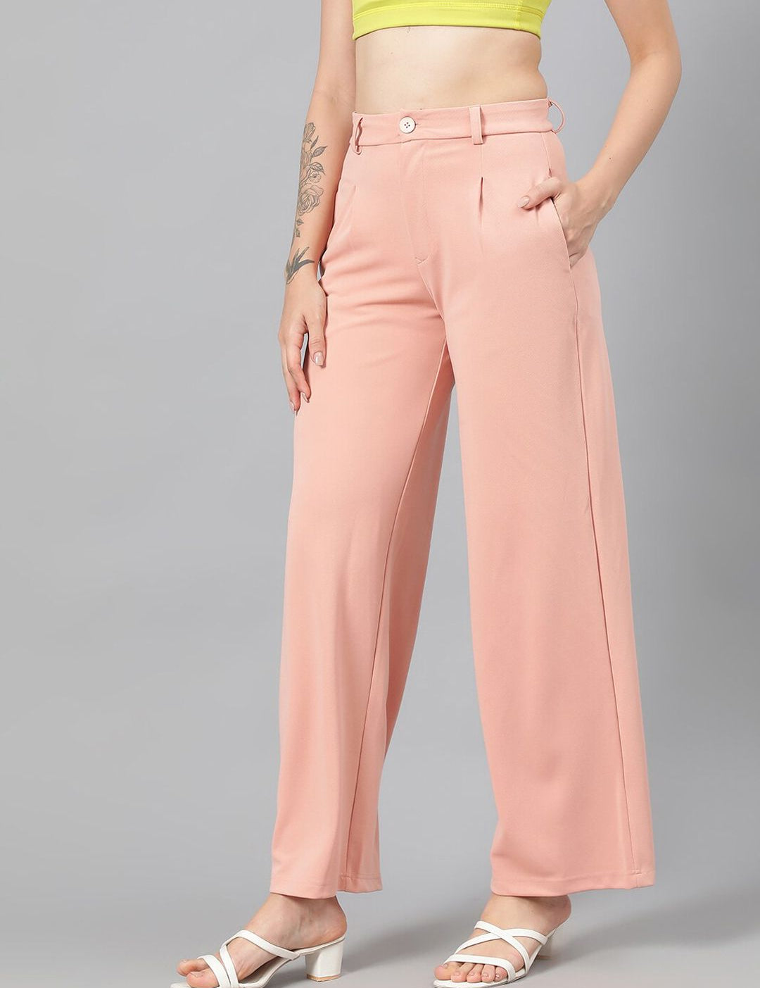 Kotty Women Pink Relaxed Straight Leg Fit High-Rise Easy Wash Parallel Trousers