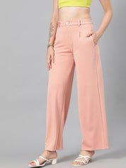 Kotty Women Pink Relaxed Straight Leg Fit High-Rise Easy Wash Parallel Trousers