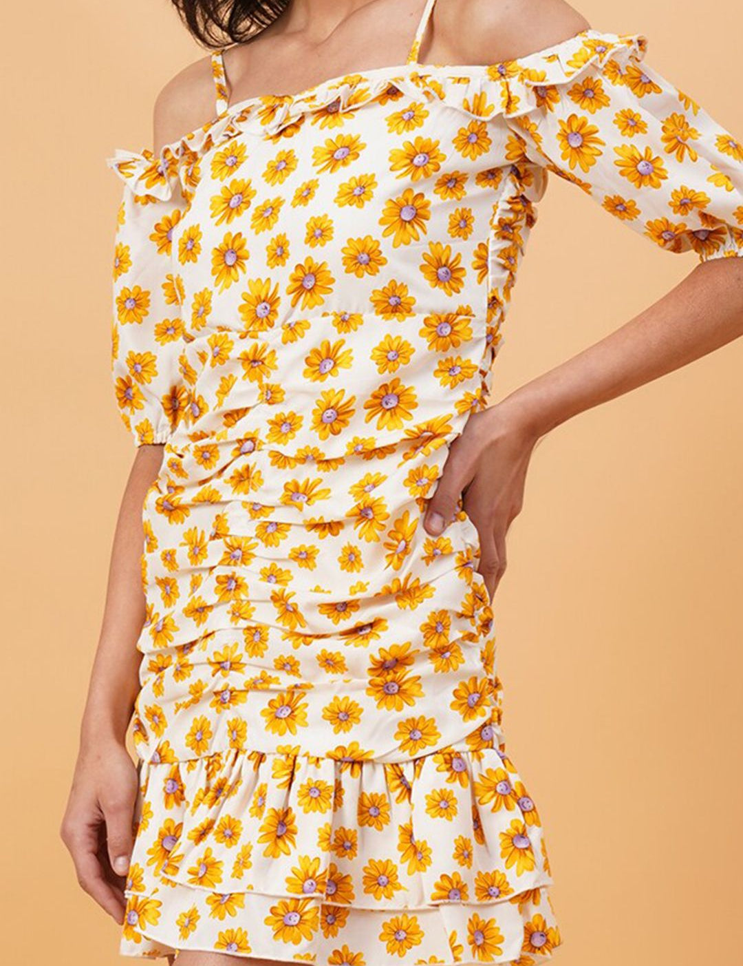 Kotty Polka Dot Printed Off-Shoulder Drop-Waist Dress